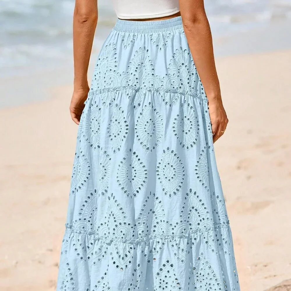 Light Blue Boho Women's Elastic High Waist Tiered A-Line Flowy Maxi Skirt - Picture 2 of 5